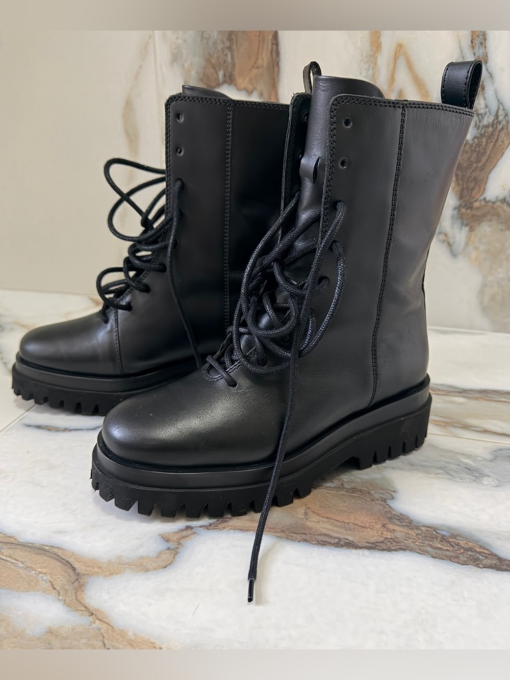 COS Black Leather Combat Boots Chunky Lug Sole Lace-Up Ankle Boots Size US 6